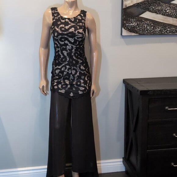 Saints + Secrets Lace Bodice Formal Maxi Dress Slit Chiffon Drop Waist Black - Picture 3 of 16